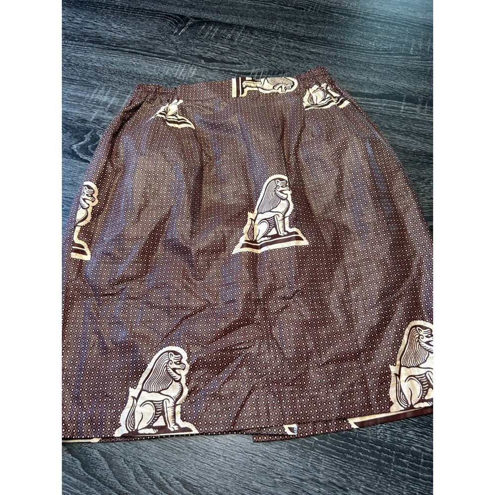 Vintage African Lion Motif Brown Mini Skirt Retro Tribal Boho Elastic Waist XS/S